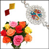 Silver Coated Floral Rakhi - code R01(Single) + Mixed Roses in a vase - Click here to View more details about this Product